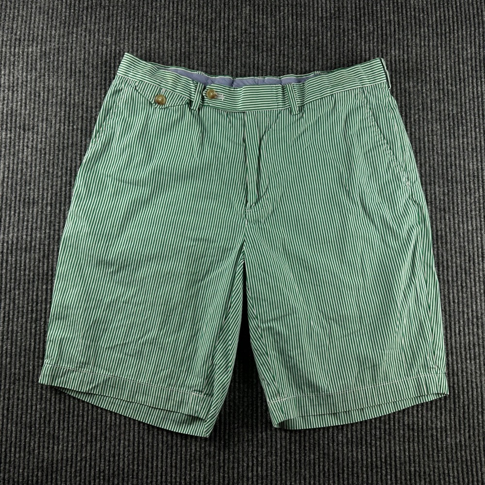 Polo Golf Ralph Lauren Mens Green White Striped Cotton Shorts Size 34 RN 41381